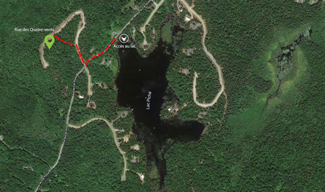 Carte démontrant le chemin, à distance de marche, menant à l'accès au Lac Piché