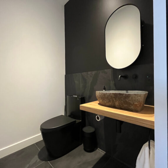 View of the washroom, contemporary design, La Maison sur la falaise, Biophile architecture