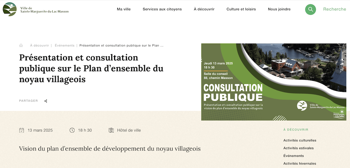 Présentation et consultation publique de la Ville de Sainte-Marguerite-du-Lac-Masson sur la vision du plan d'ensemble du noyau villageois le 13 mars 2025