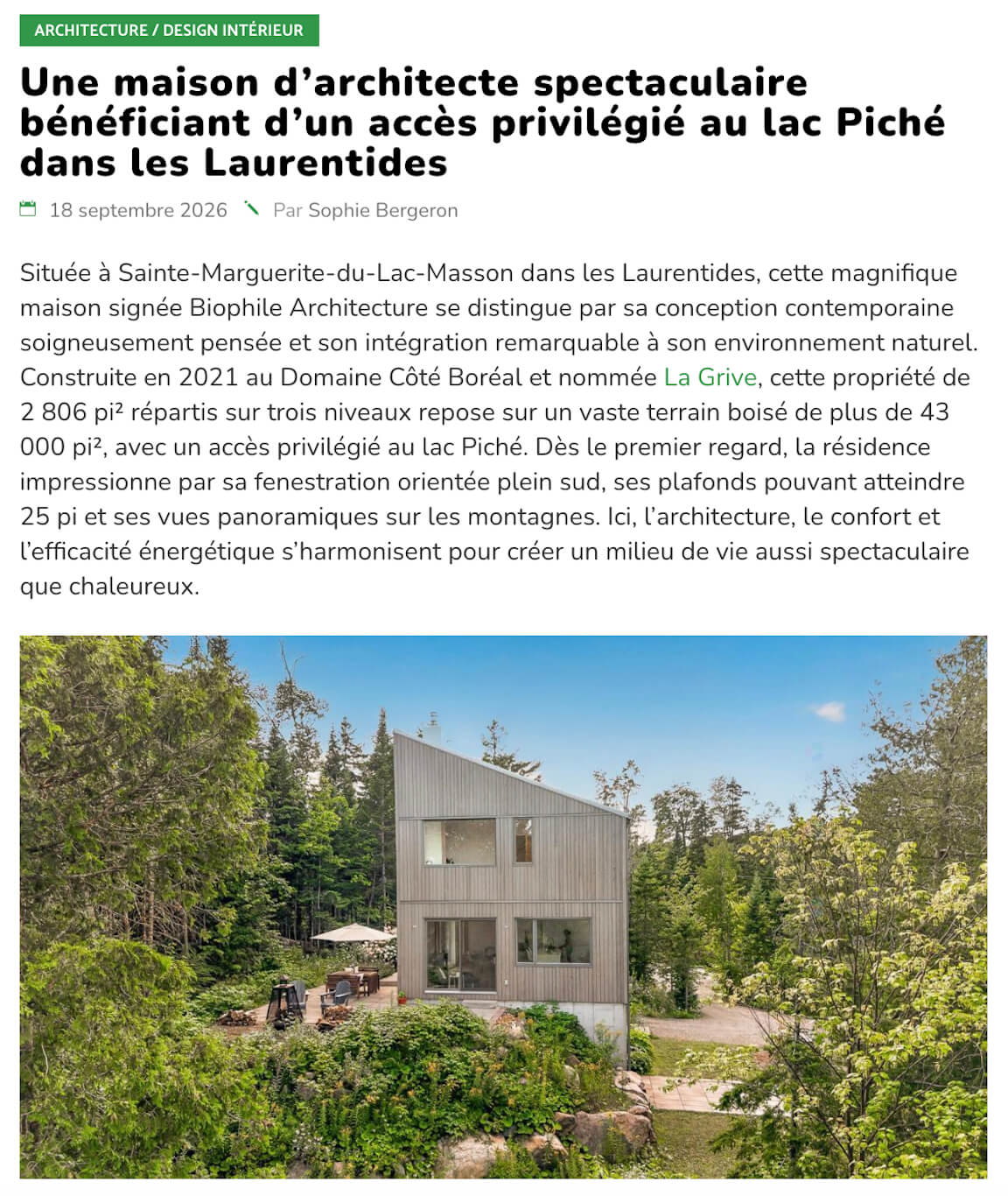 Article-Joli Joli Design-18-09-2026 Visuel de l'article « Une maison d’architecte spectaculaire bénéficiant d’un accès privilégié au lac Piché dans les Laurentides » par Sophie Bergeron, Joli Joli Design, Le 18 septembre 2026